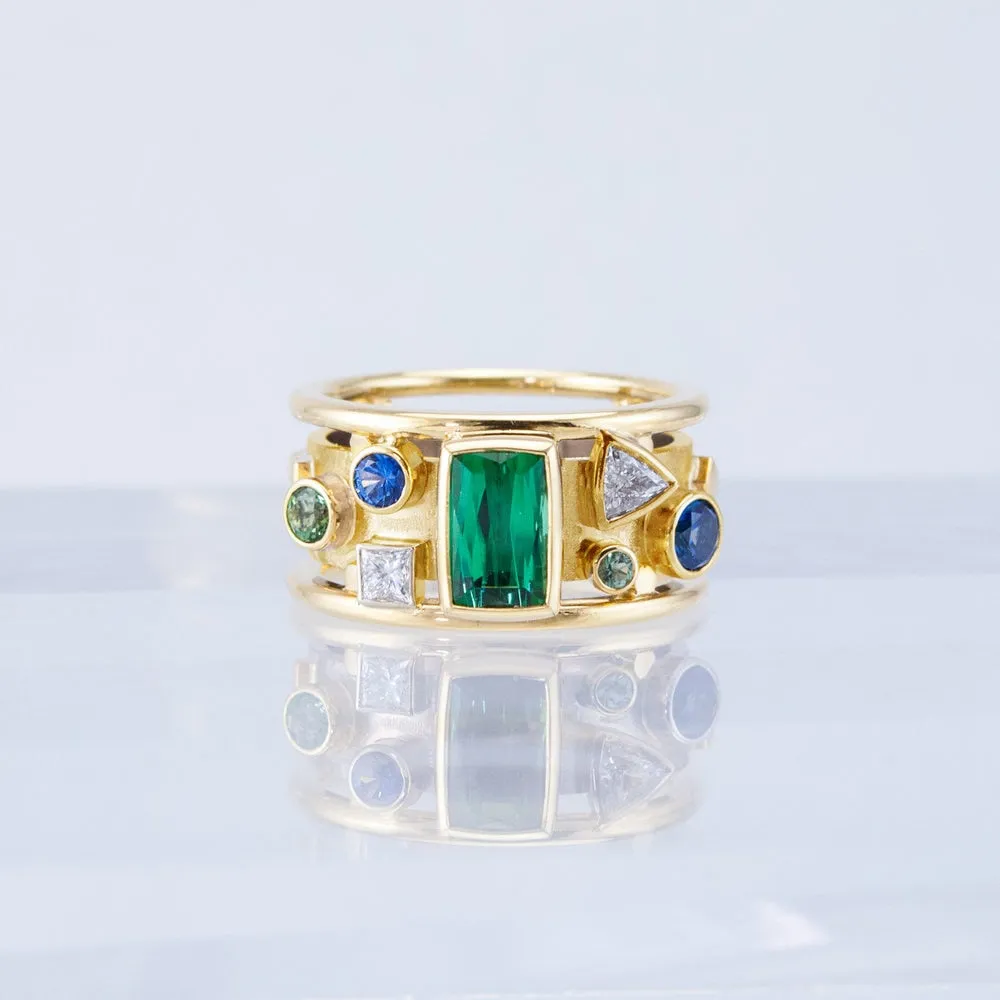 Fashion Luxury Gold Color with Geometric Colorful CZ Stone Novel  Wedding Band Rings