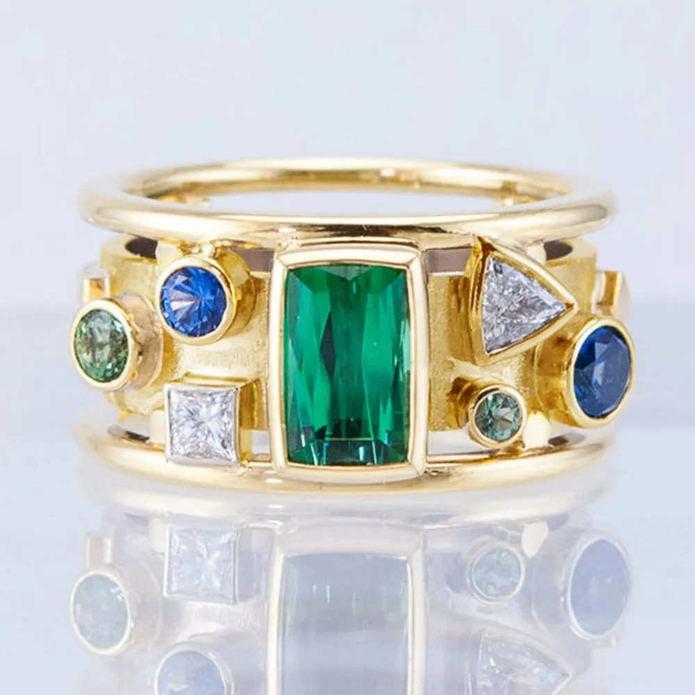 Fashion Luxury Gold Color with Geometric Colorful CZ Stone Novel  Wedding Band Rings