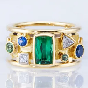 Fashion Luxury Gold Color with Geometric Colorful CZ Stone Novel  Wedding Band Rings