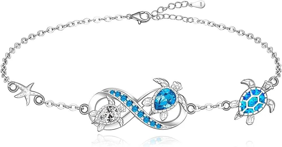 Fenthring Turtle Bracelet for Women Blue Opal Ocean Sea Turtle Bracelet Charms Sterling Silver 925 Crystal Summer Beach Hawaiian Infinity Friendship Tortoise Jewelry Gifts