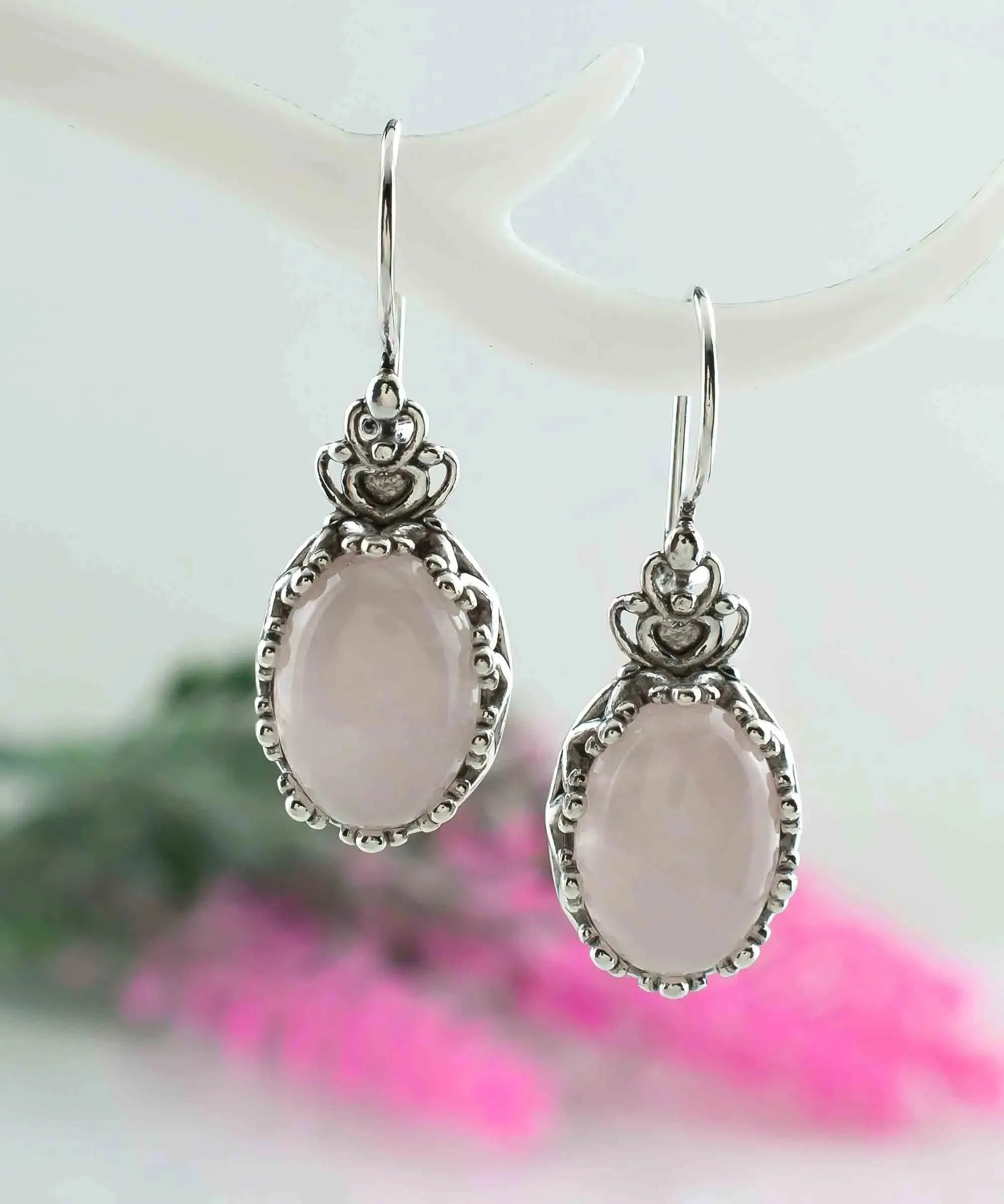 Filigree Art Rose Quartz Gemstone Crown Figured Women Silver Oval Drop Earrings