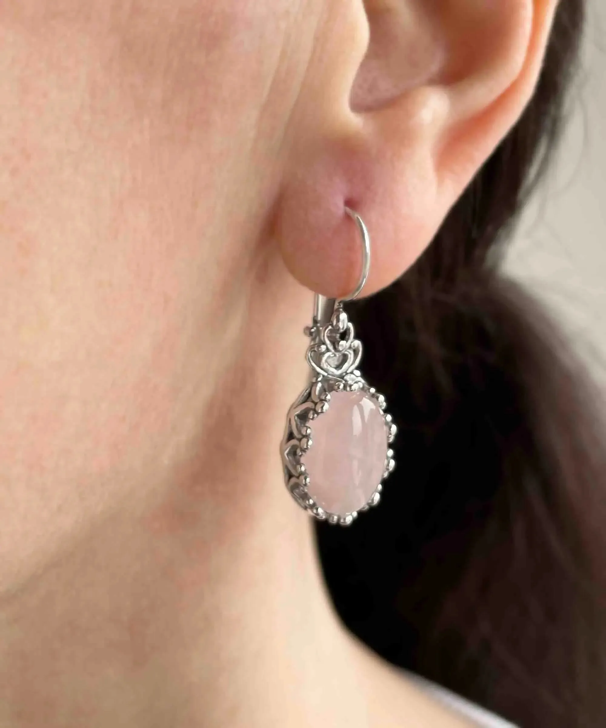 Filigree Art Rose Quartz Gemstone Crown Figured Women Silver Oval Drop Earrings