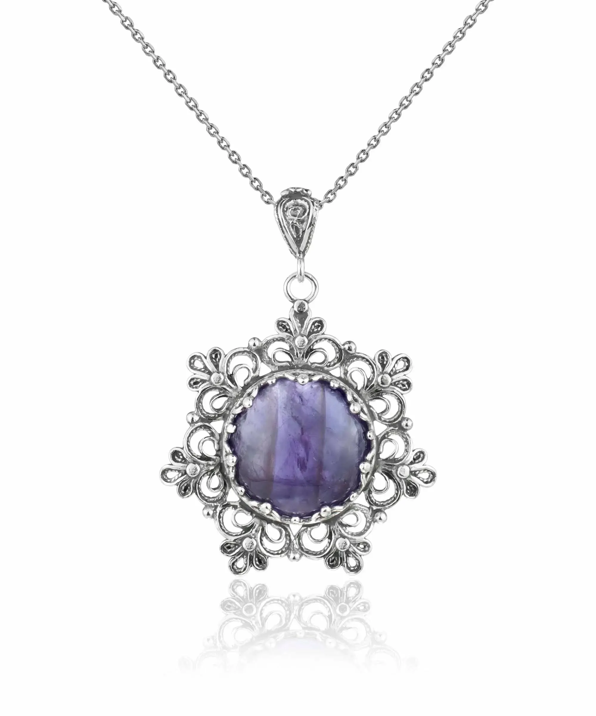 Filigree Silver Flower Figured Amethyst Gemstone Woman Pendant Necklace