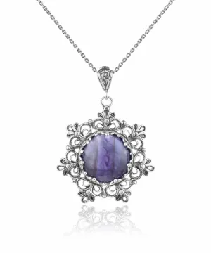 Filigree Silver Flower Figured Amethyst Gemstone Woman Pendant Necklace