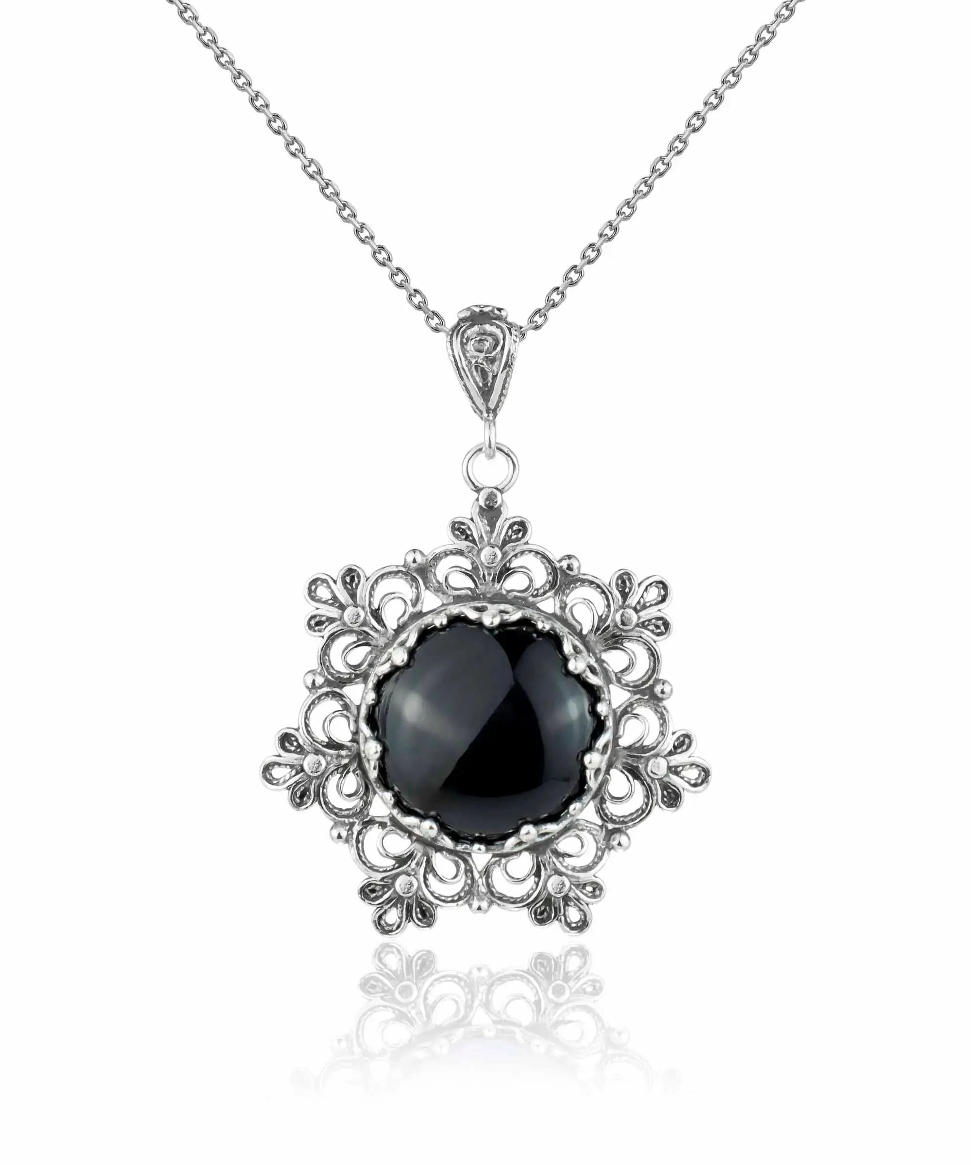 Filigree Silver Flower Figured Black Onyx Gemstone Woman Pendant Necklace