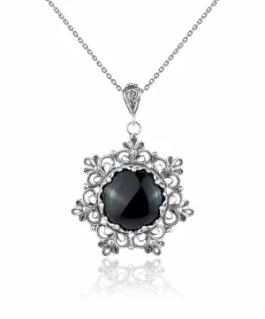 Filigree Silver Flower Figured Black Onyx Gemstone Woman Pendant Necklace