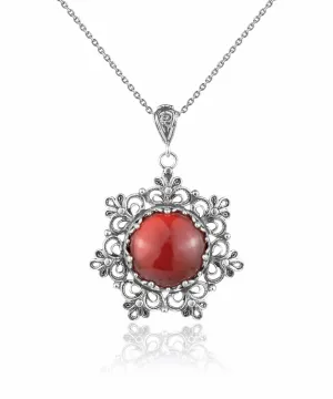 Filigree Silver Flower Figured Carnelian Gemstone Woman Pendant Necklace