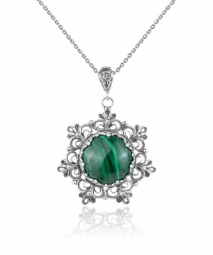 Filigree Silver Flower Figured Malachite Gemstone Woman Pendant Necklace