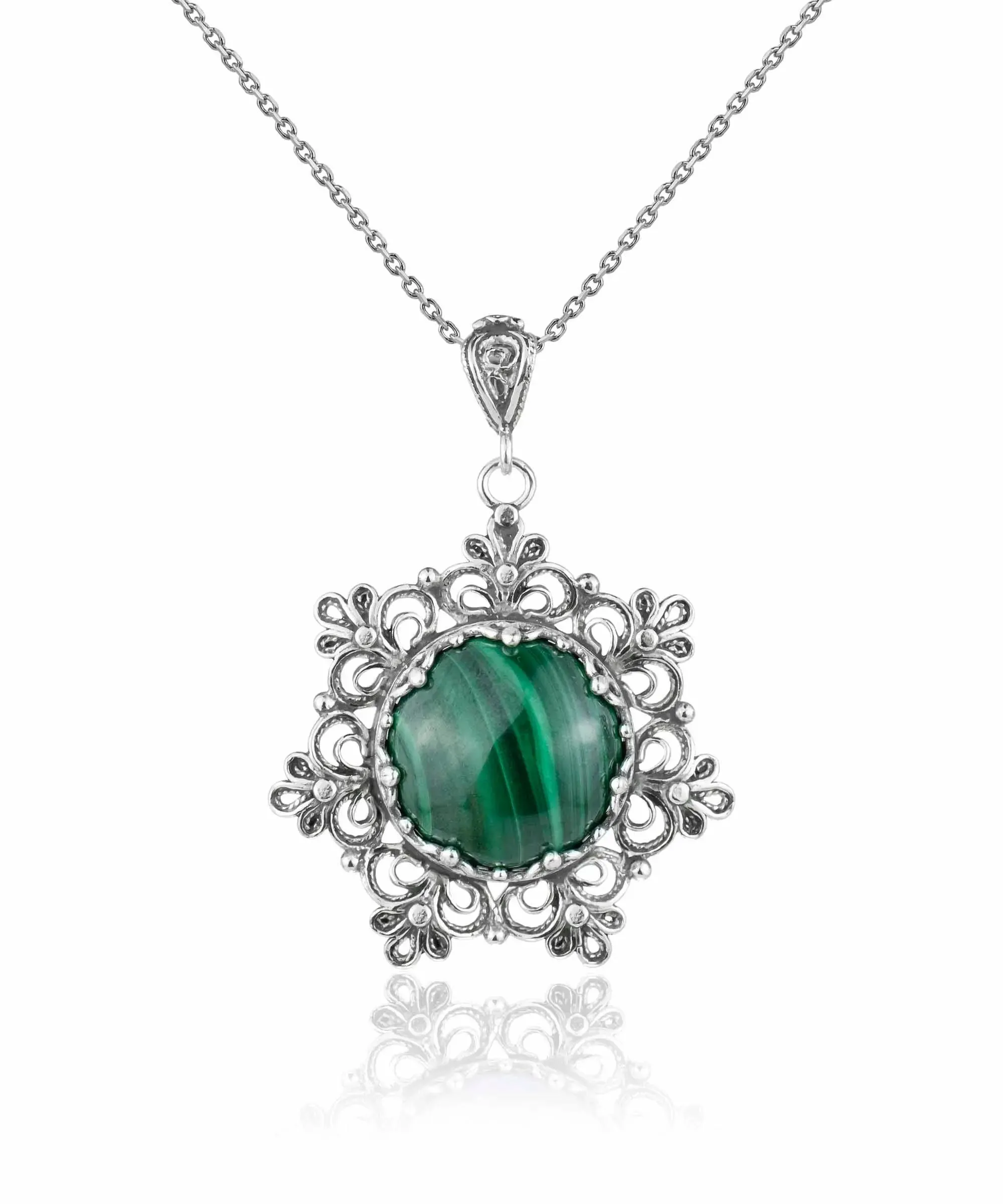 Filigree Silver Flower Figured Malachite Gemstone Woman Pendant Necklace