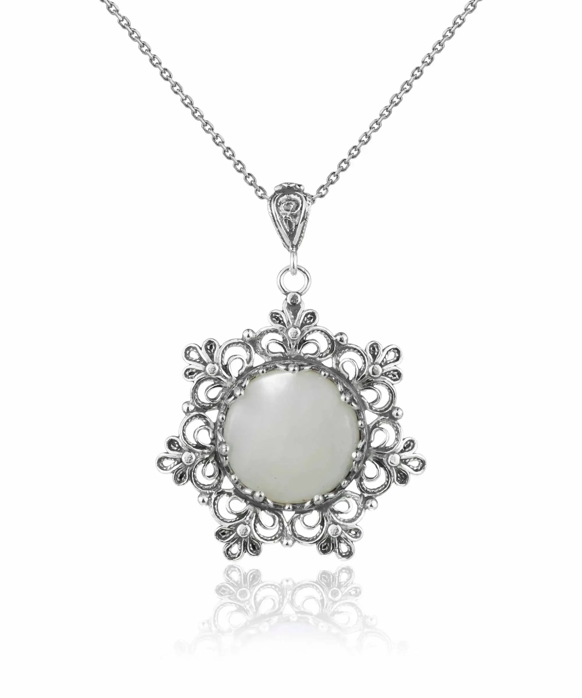 Filigree Silver Flower Figured Mother of Pearl Gemstone Woman Pendant Necklace