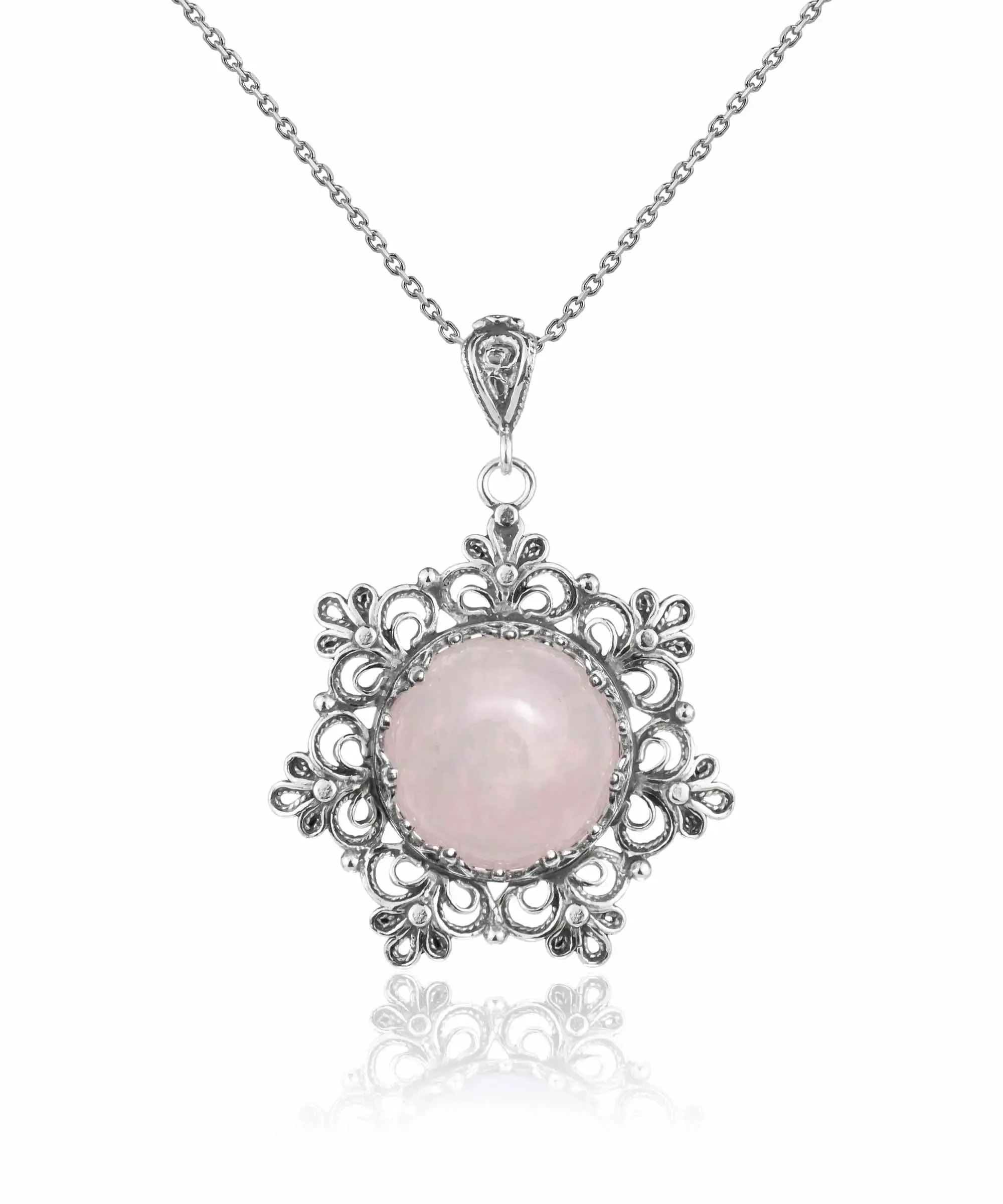 Filigree Silver Flower Figured Rose Quartz Gemstone Woman Pendant Necklace