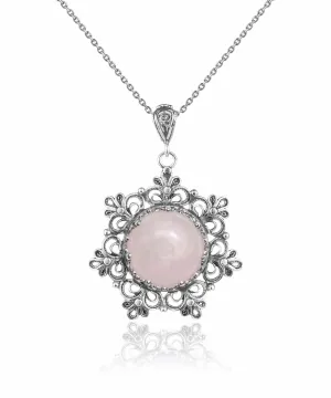 Filigree Silver Flower Figured Rose Quartz Gemstone Woman Pendant Necklace