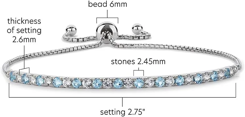 Gemstone and Lab-Created White Sapphire Adjustable Bolo Bracelet, Sterling Silver, Easy-On Easy-Off (6, 7 and 8 inch Wrist Size)