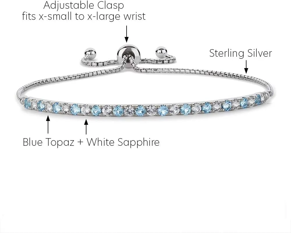 Gemstone and Lab-Created White Sapphire Adjustable Bolo Bracelet, Sterling Silver, Easy-On Easy-Off (6, 7 and 8 inch Wrist Size)