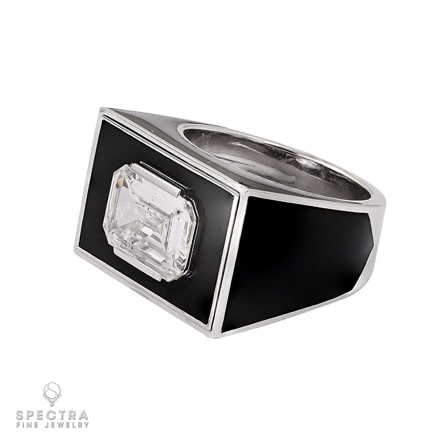 GIA Certified 2.05 Carat Emerald Cut Diamond Ring with Stylish Black Enamel