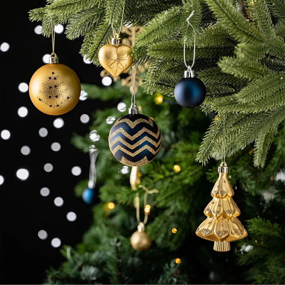 Glam and Glittered Gold and Blue Elegant Christmas Ornament Set, 70 Assorted Balls, Trees, Snowflakes, and Royal Heart Pendants