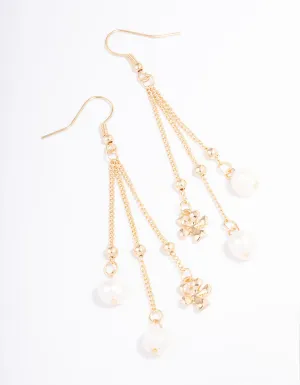 Gold Freshwater Pearl & Flower Chain Drop Earrings