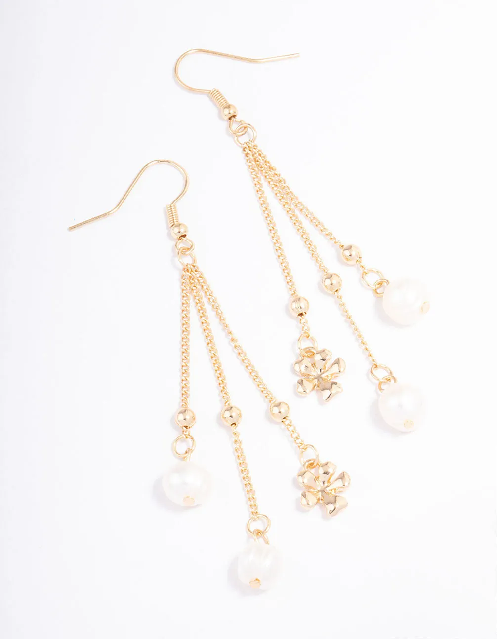 Gold Freshwater Pearl & Flower Chain Drop Earrings