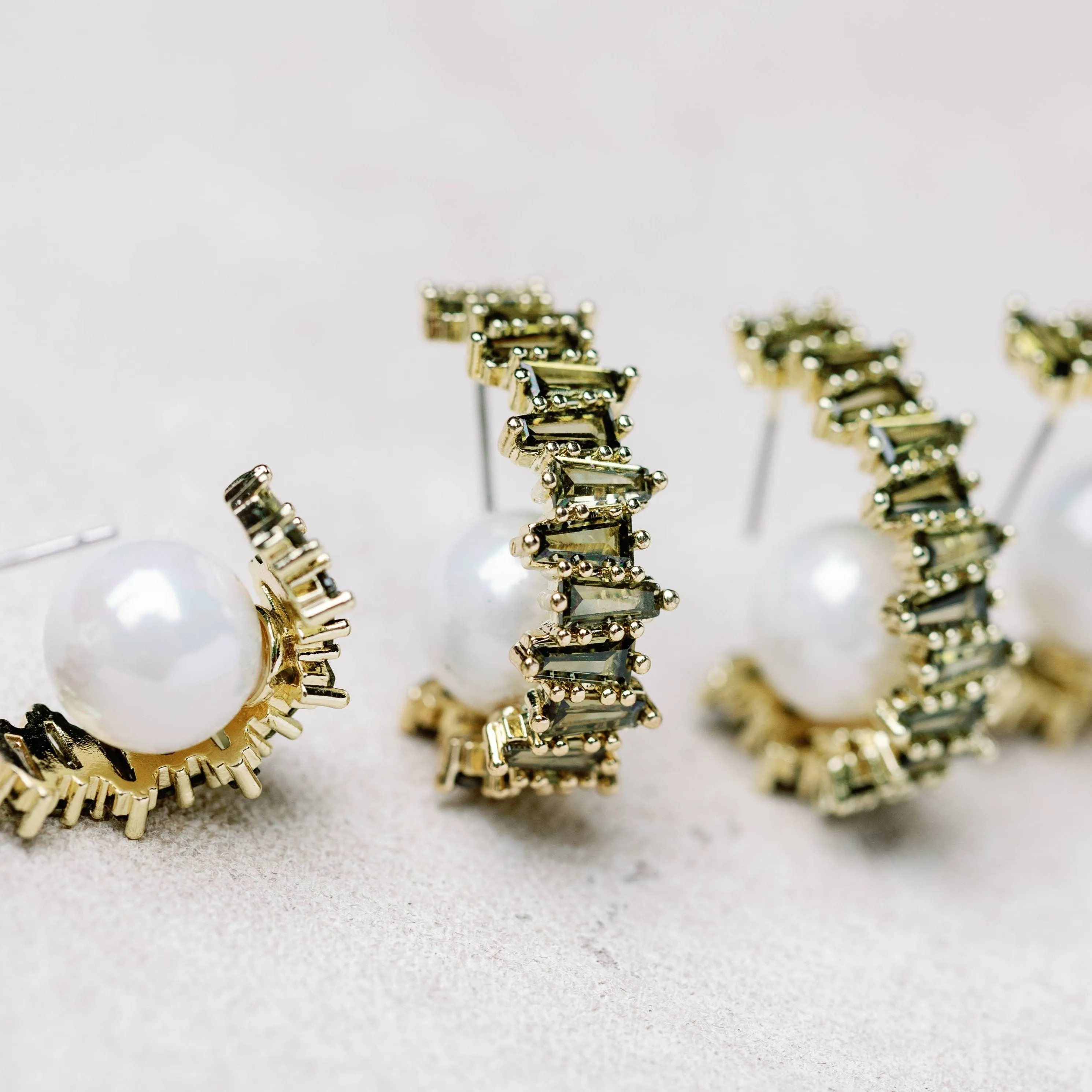 Green Rhinestone and Pearl Statement Hoop Earrings