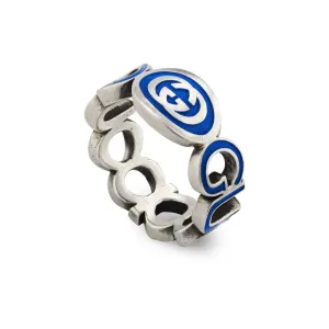 Gucci Interlocking Sterling Silver Blue Enamel Ring D