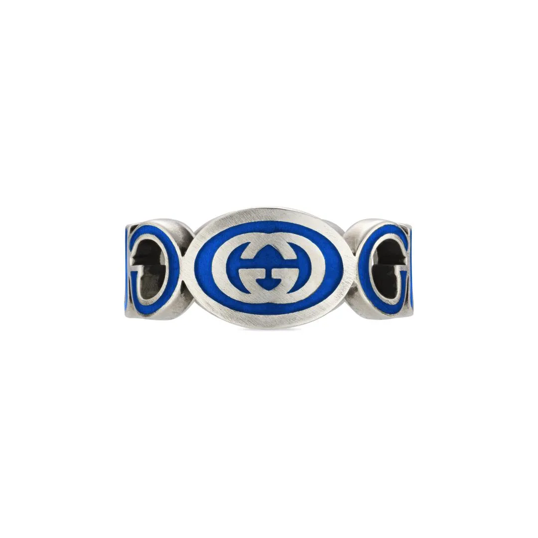 Gucci Interlocking Sterling Silver Blue Enamel Ring D
