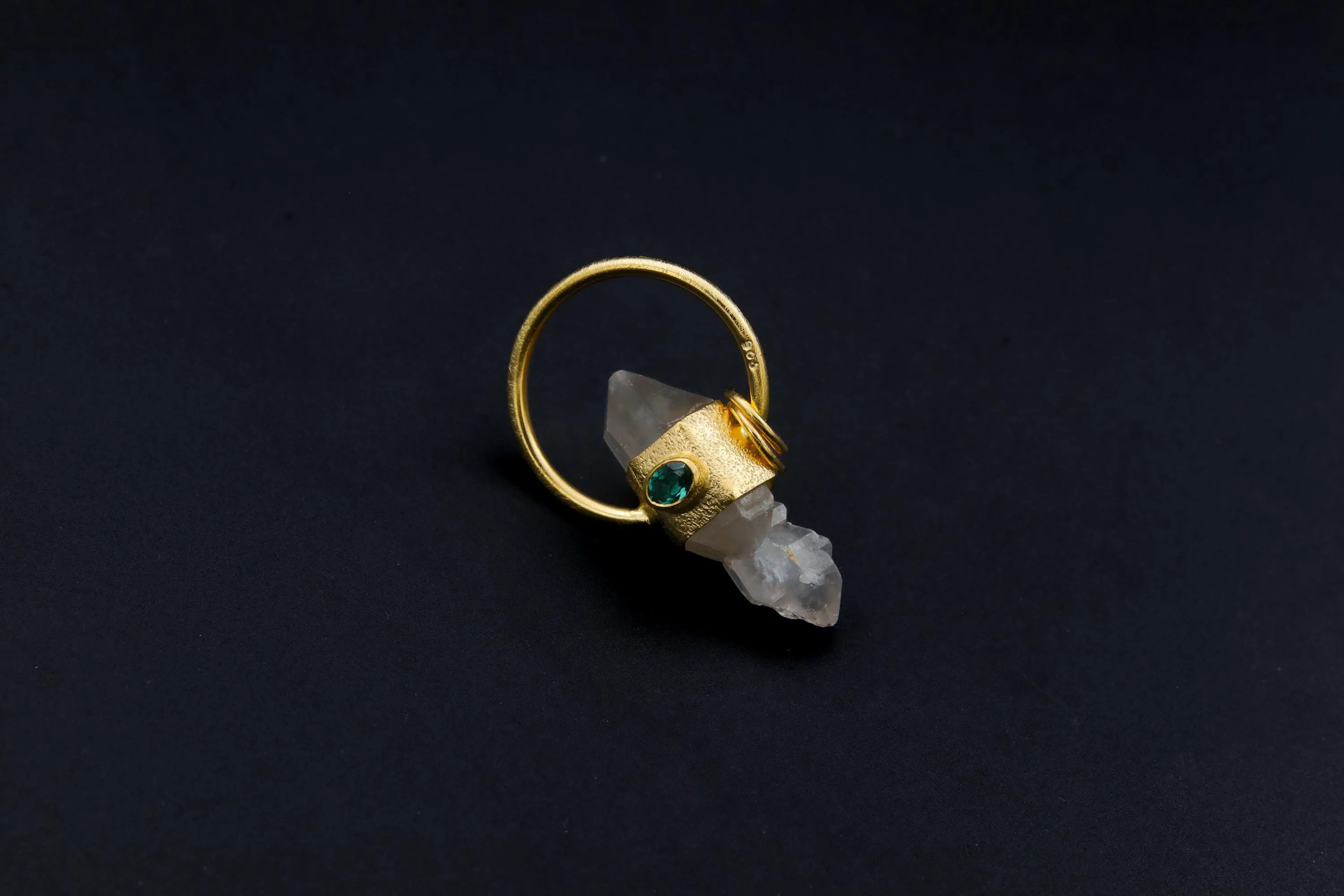 Himalayan Double Terminated Skeletal Quartz & Faceted Emerald Pendant, Sterling Silver Textured, 18K Gold Plated, Virgo Zodiac, Unique Gift