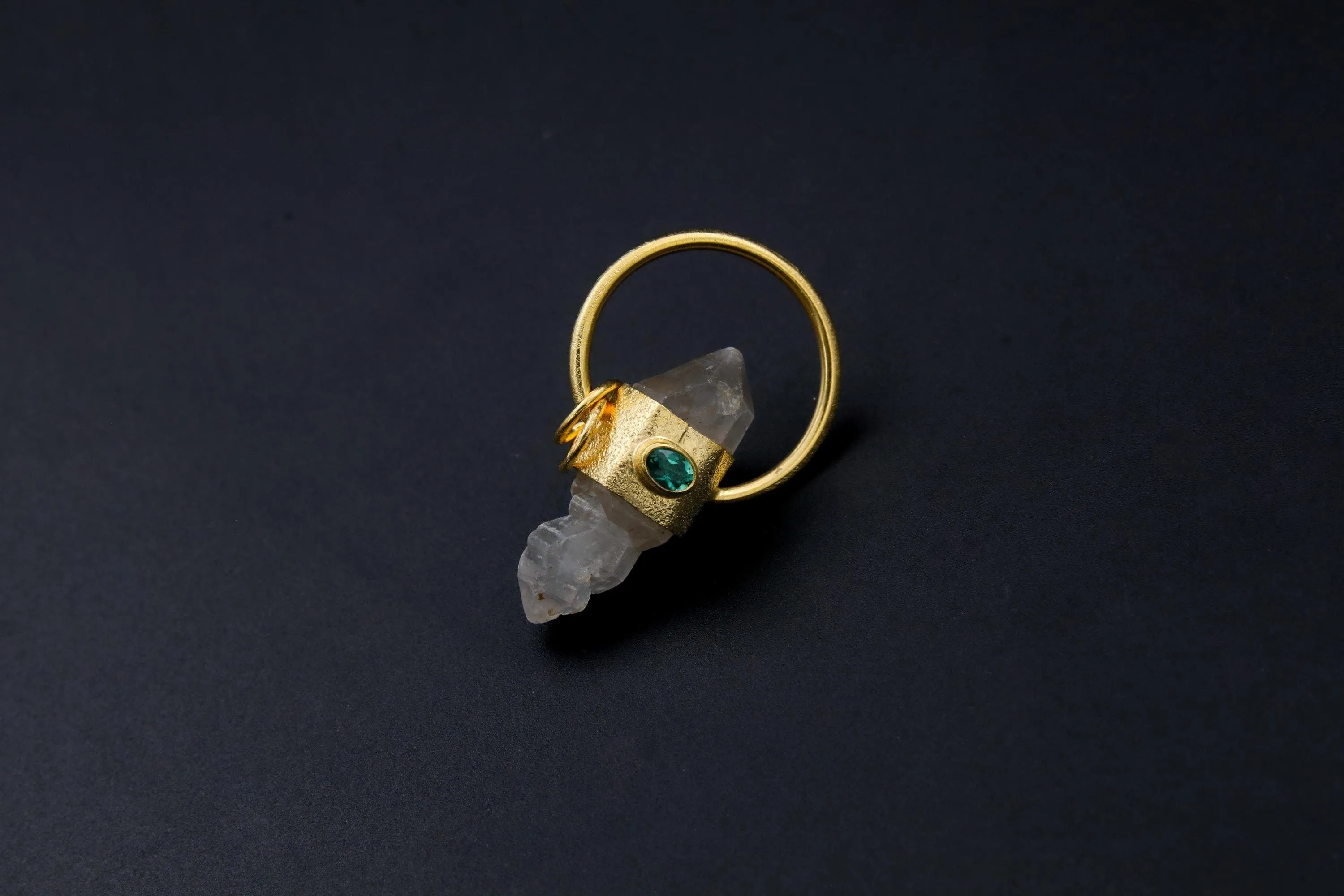 Himalayan Double Terminated Skeletal Quartz & Faceted Emerald Pendant, Sterling Silver Textured, 18K Gold Plated, Virgo Zodiac, Unique Gift