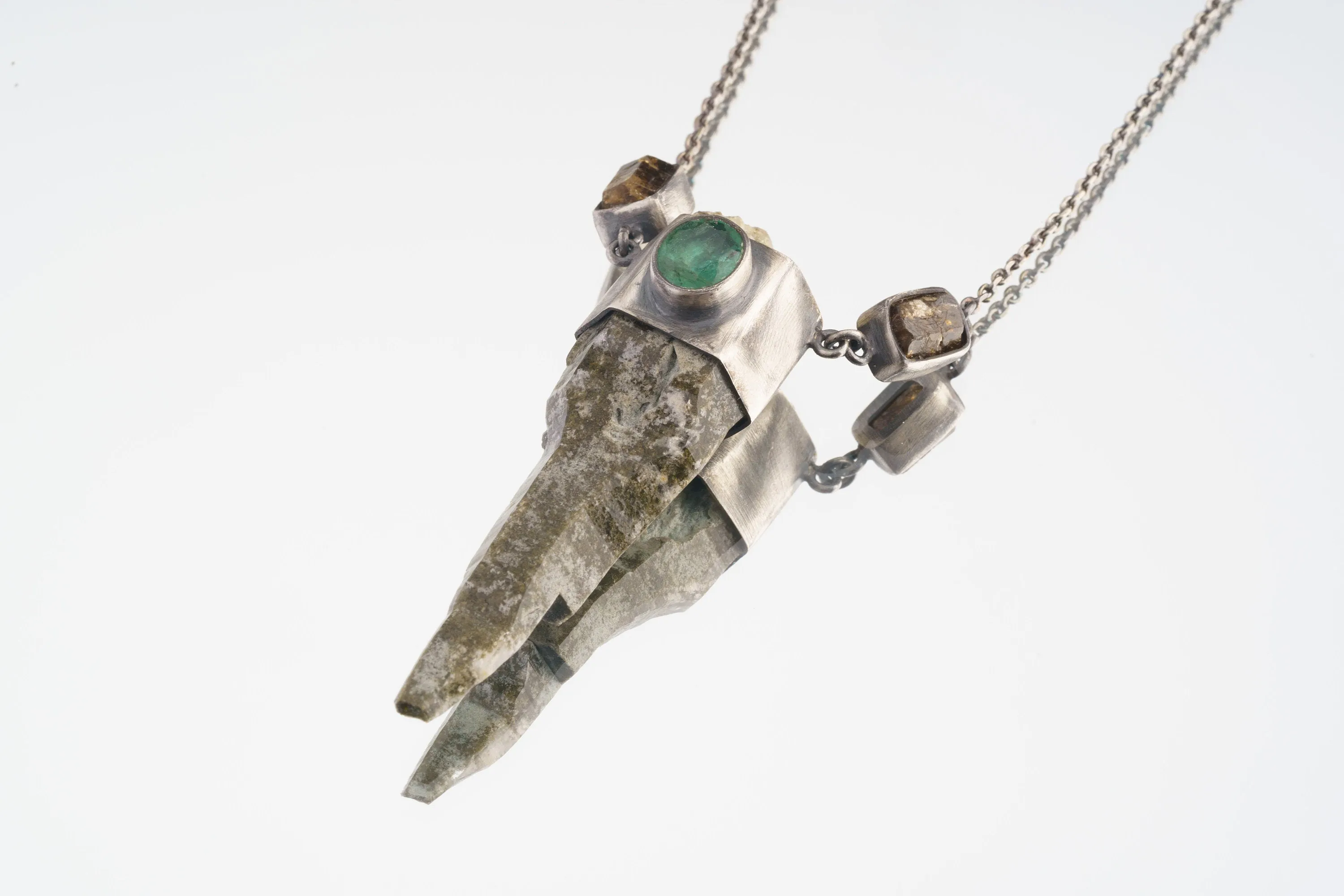 Himalayan Harmony Faceted Emerald, Dravite Tourmaline & Skeletal DT Chloride Quartz Pendant in Oxidized Sterling Silver