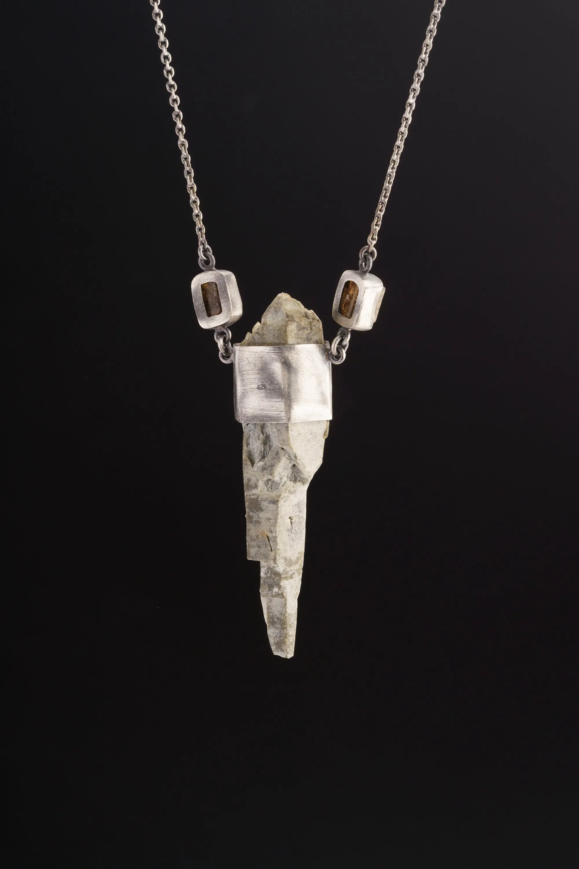 Himalayan Harmony Faceted Emerald, Dravite Tourmaline & Skeletal DT Chloride Quartz Pendant in Oxidized Sterling Silver