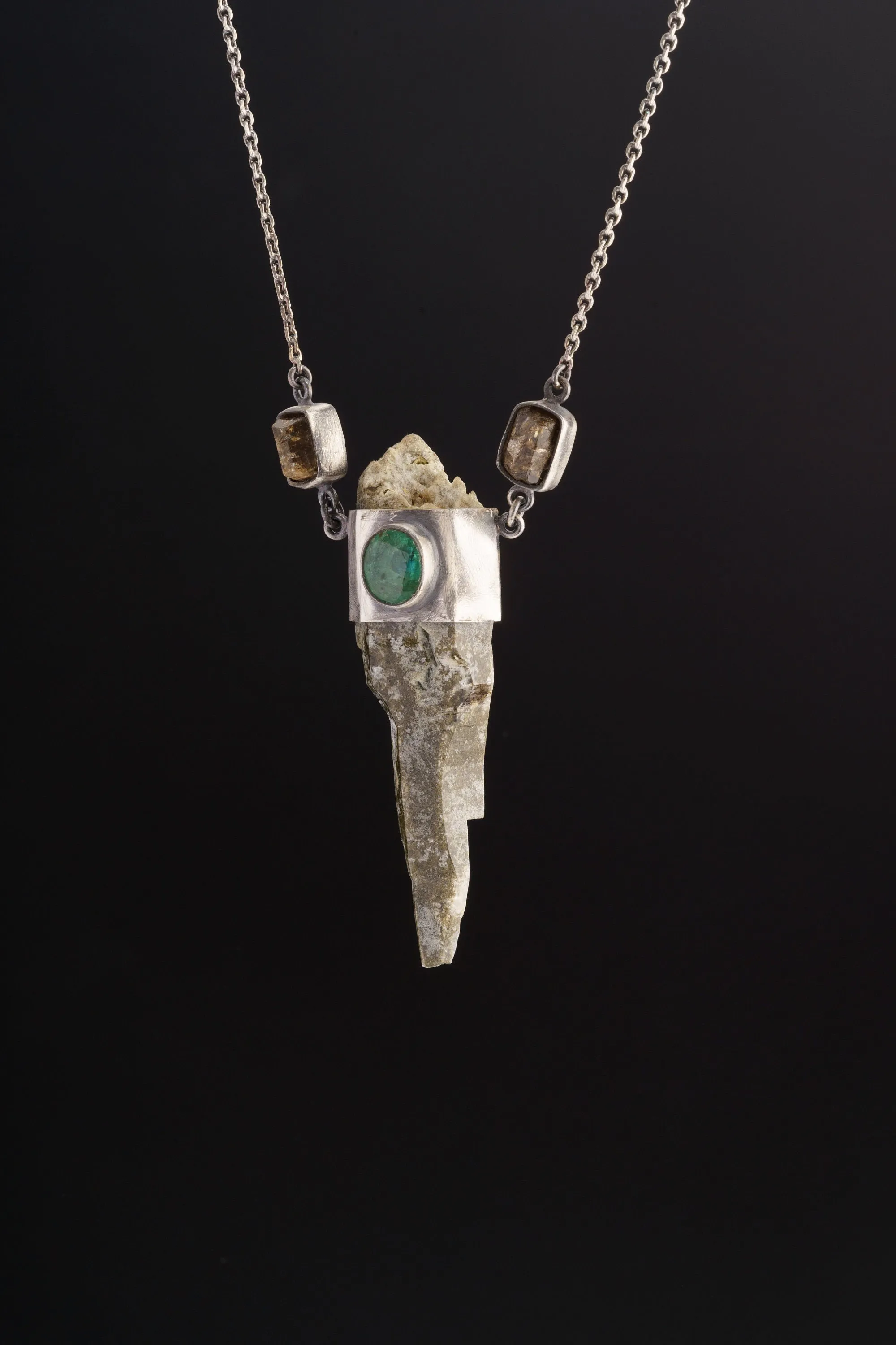 Himalayan Harmony Faceted Emerald, Dravite Tourmaline & Skeletal DT Chloride Quartz Pendant in Oxidized Sterling Silver