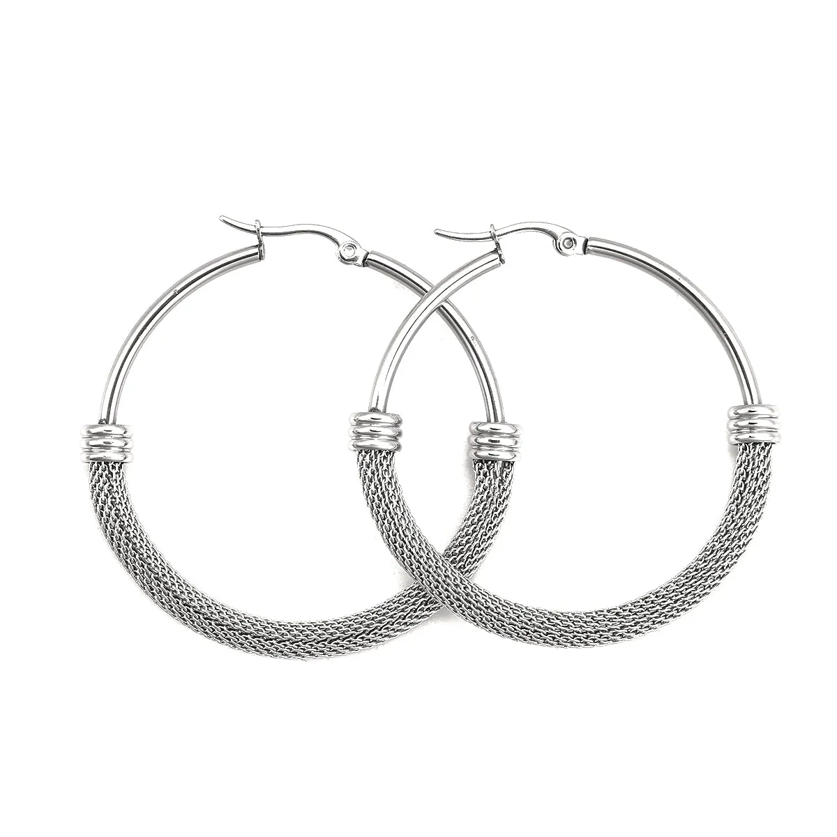 Ladies Stainless Steel Circle Plain Basket Weave Silver Hoop Earrings