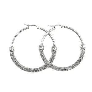 Ladies Stainless Steel Circle Plain Basket Weave Silver Hoop Earrings
