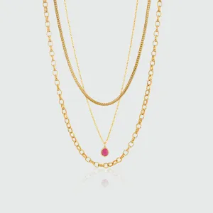 Layering Gold Chain and Ruby Necklace Set