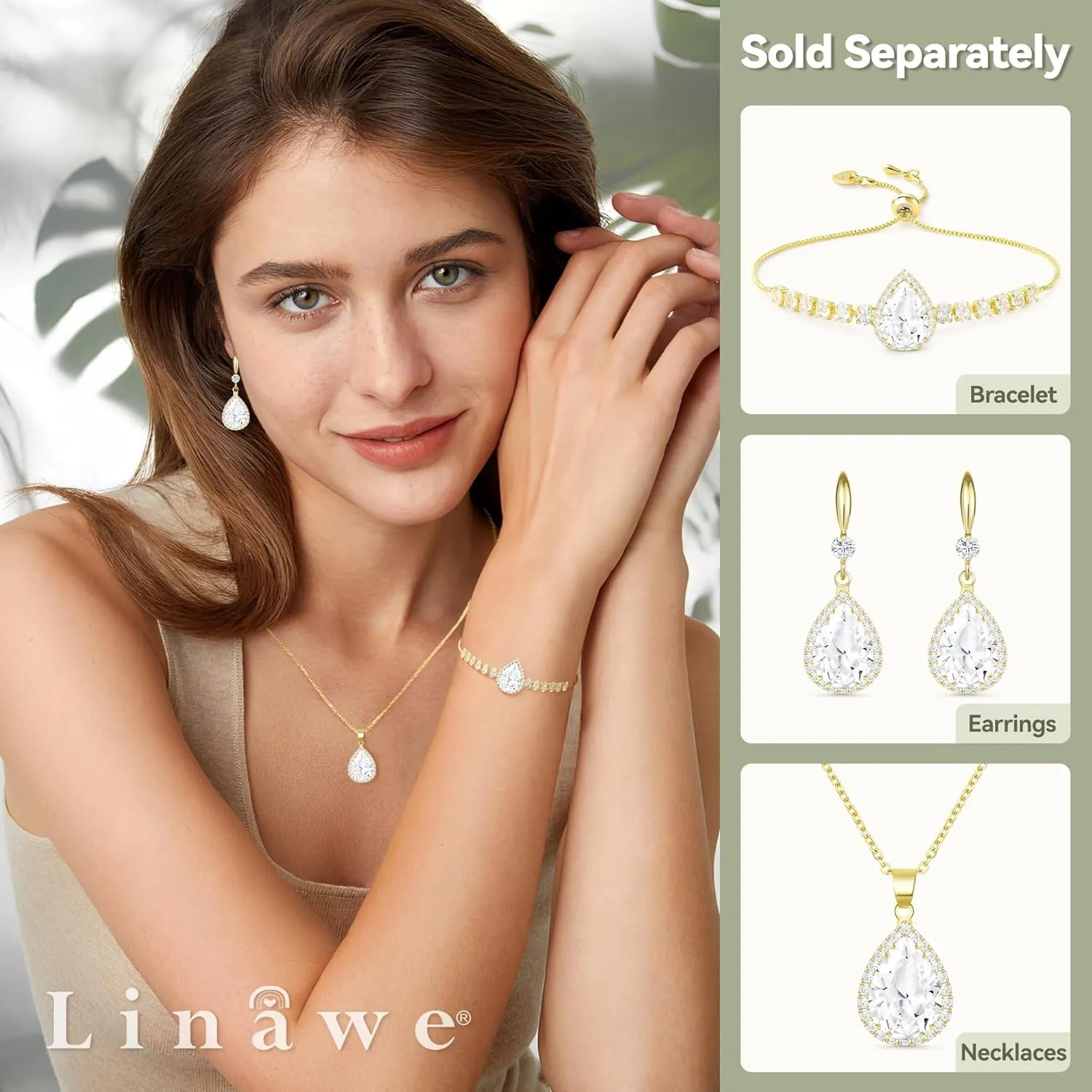 Linawe Crystal Chain Necklace for Women Trendy, Imitation Diamond Pendant, Statement Cubic Zirconia Boho Jewelry Set, 14K Gold/Rose Gold/Silver Birthstone Necklace