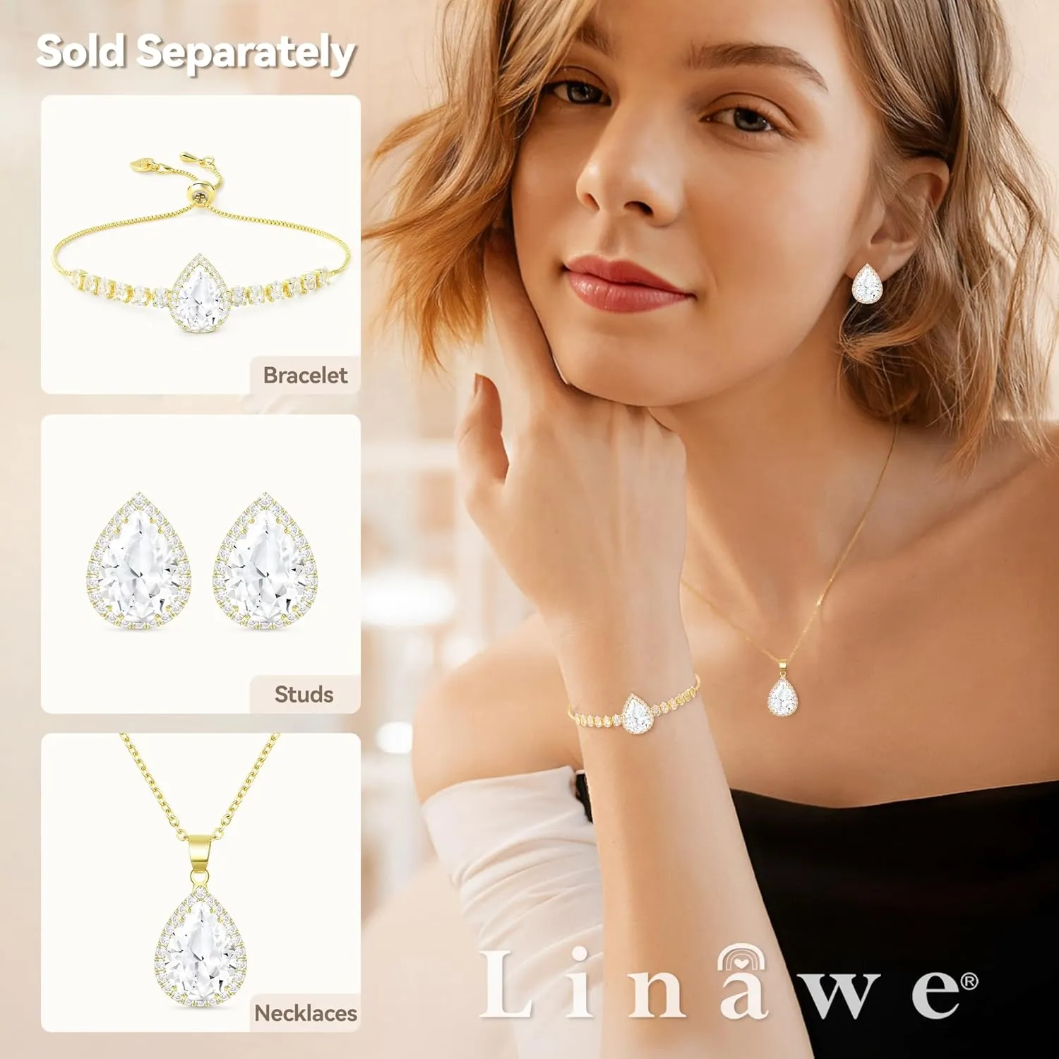 Linawe Crystal Chain Necklace for Women Trendy, Imitation Diamond Pendant, Statement Cubic Zirconia Boho Jewelry Set, 14K Gold/Rose Gold/Silver Birthstone Necklace