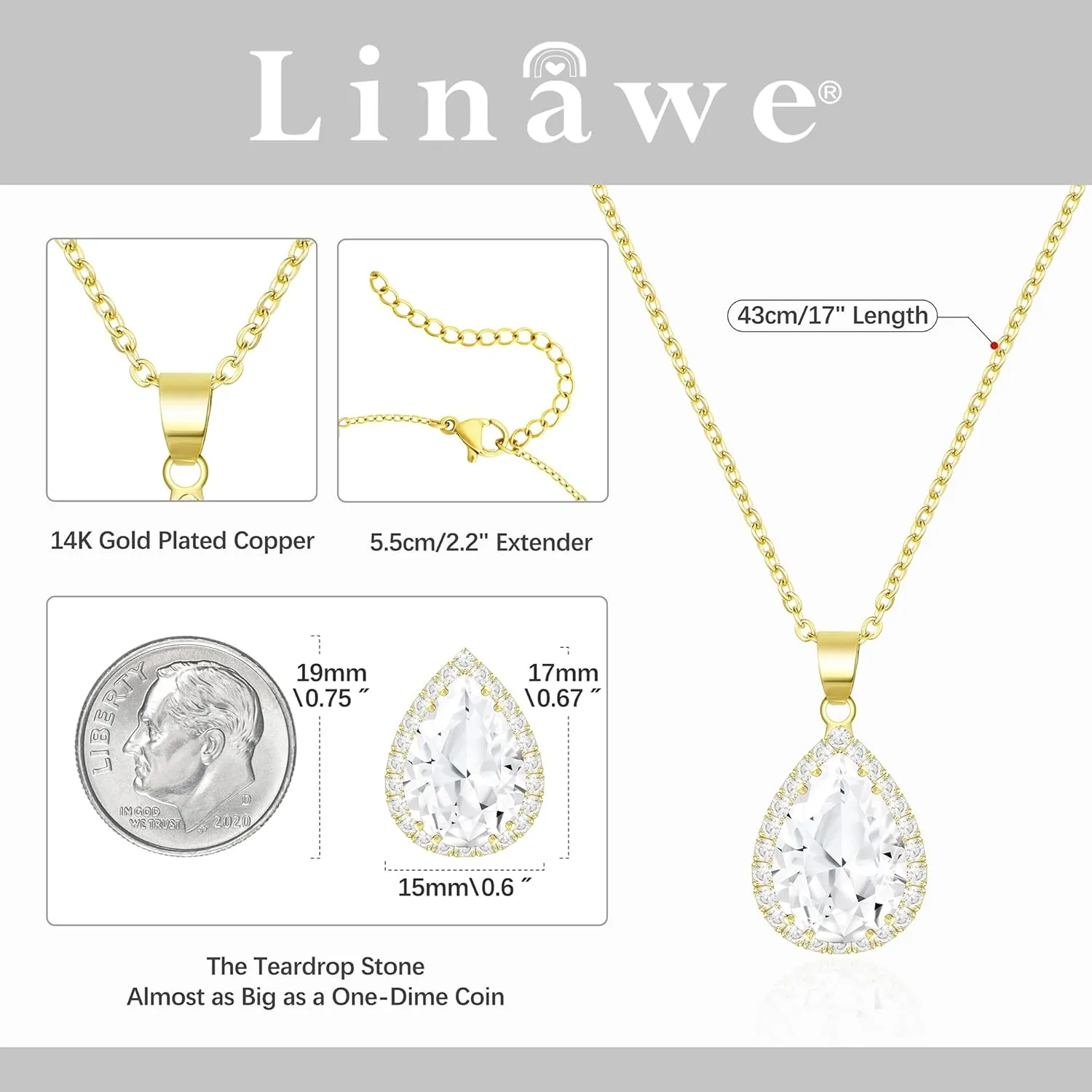 Linawe Crystal Chain Necklace for Women Trendy, Imitation Diamond Pendant, Statement Cubic Zirconia Boho Jewelry Set, 14K Gold/Rose Gold/Silver Birthstone Necklace