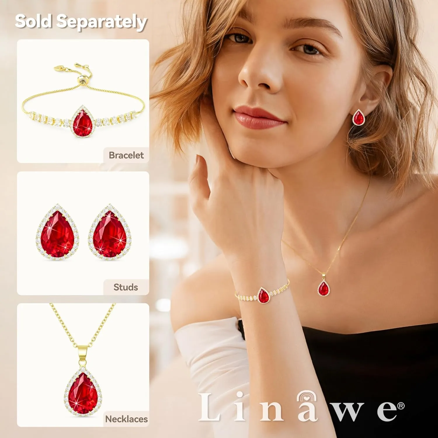 Linawe Crystal Chain Necklace for Women Trendy, Imitation Diamond Pendant, Statement Cubic Zirconia Boho Jewelry Set, 14K Gold/Rose Gold/Silver Birthstone Necklace