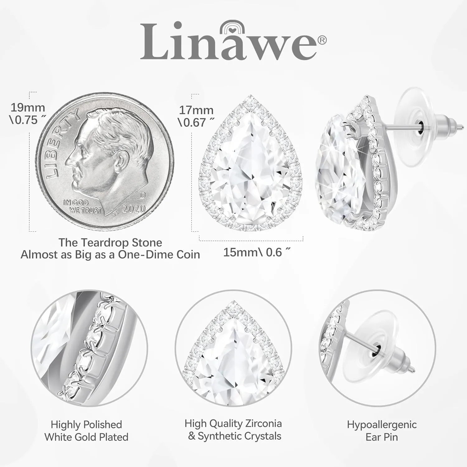 Linawe Women Stud Earrings, Teardrop Diamond Moissanite Cubic Zirconia Earrings Studs Rhinestone Jewelry Gold/Silver/Rose Gold