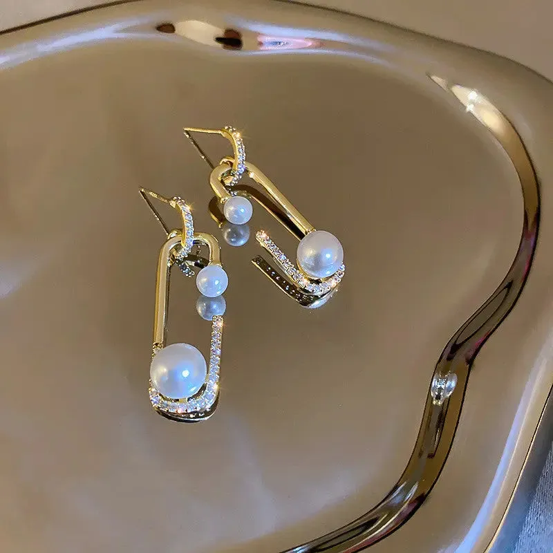 LOVCIA Timeless Pearl & Zircon Geometric Drop Earrings
