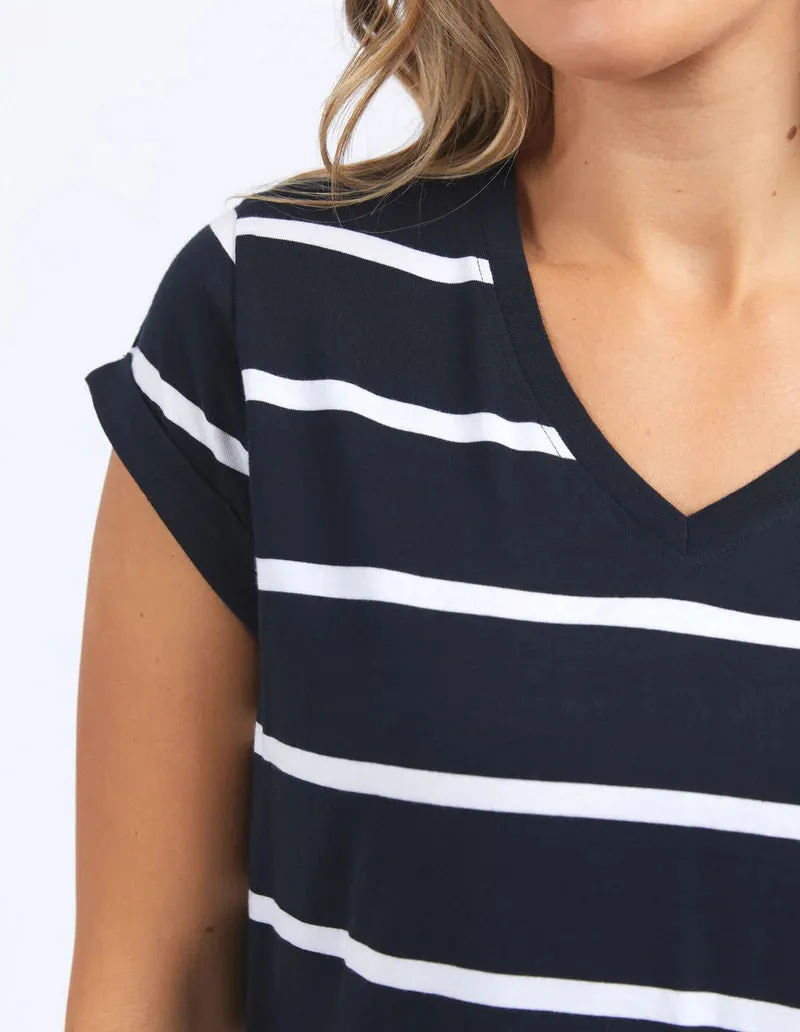 Manly Stripe Vee Tee- Dark Sapphire/White