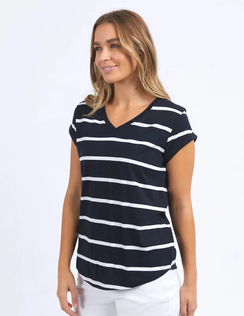 Manly Stripe Vee Tee- Dark Sapphire/White