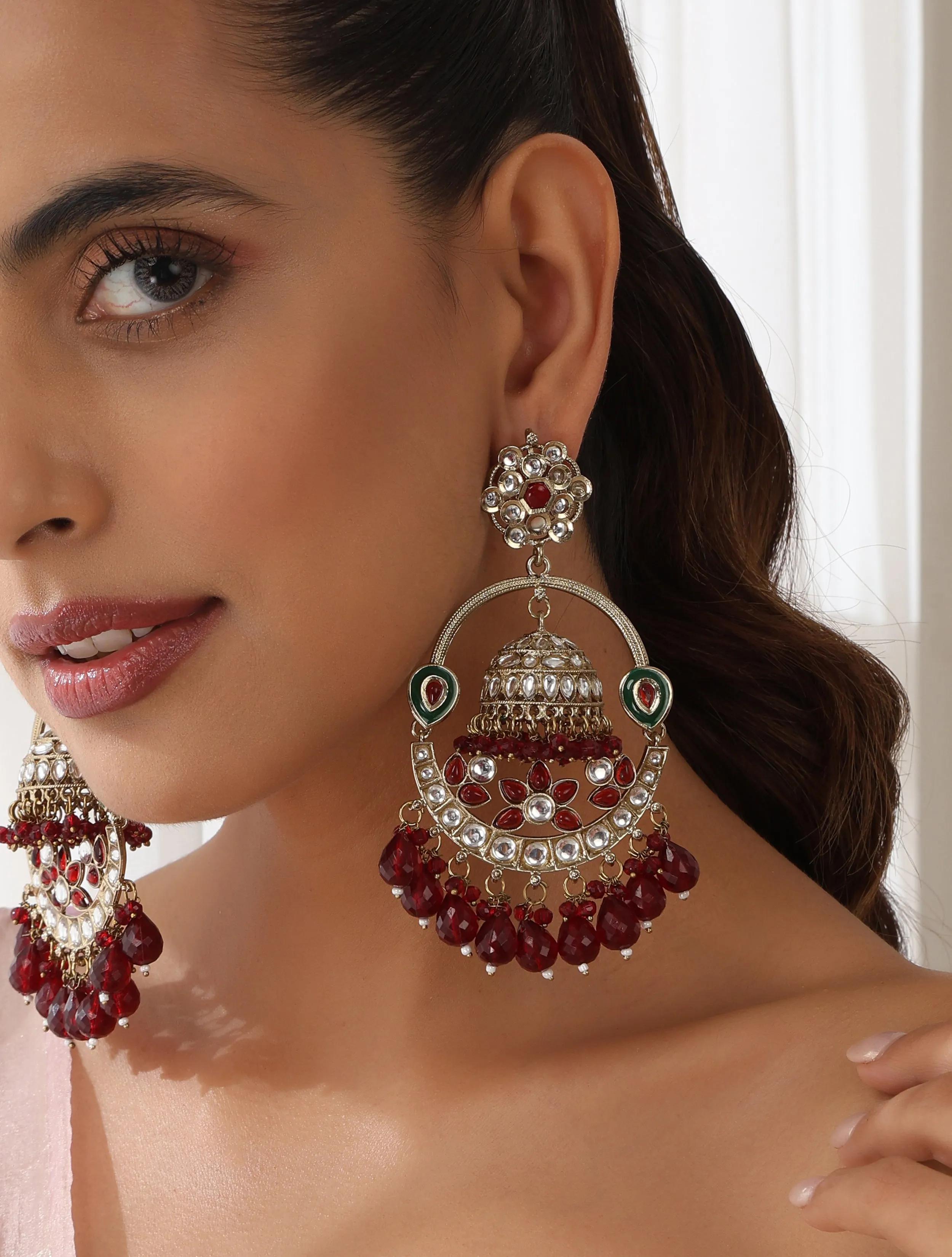 Maroon Color Round Kundan Jhumka Earrings