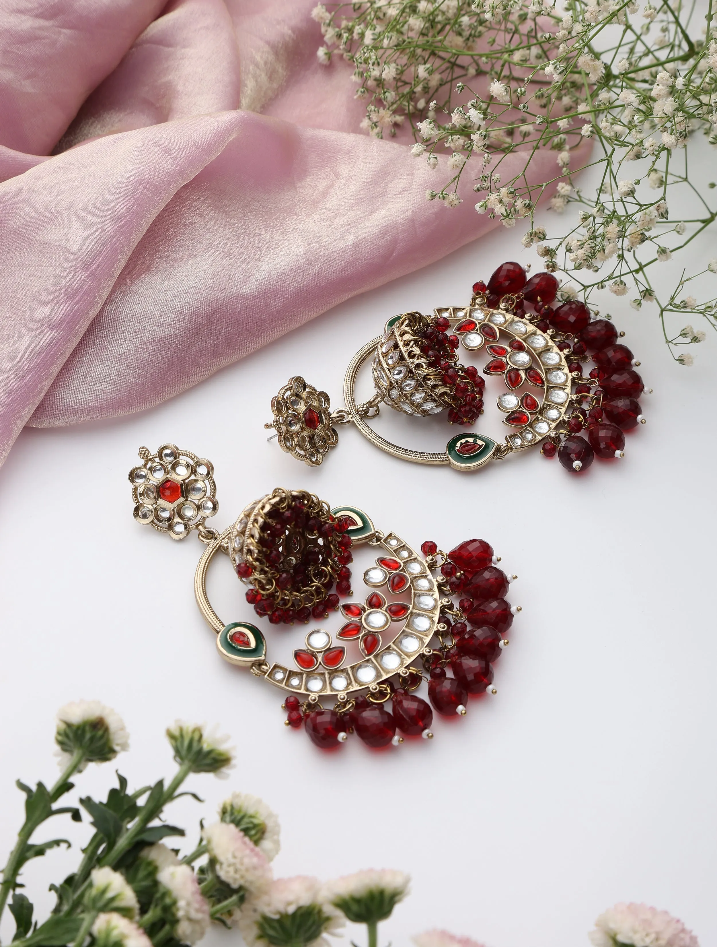 Maroon Color Round Kundan Jhumka Earrings