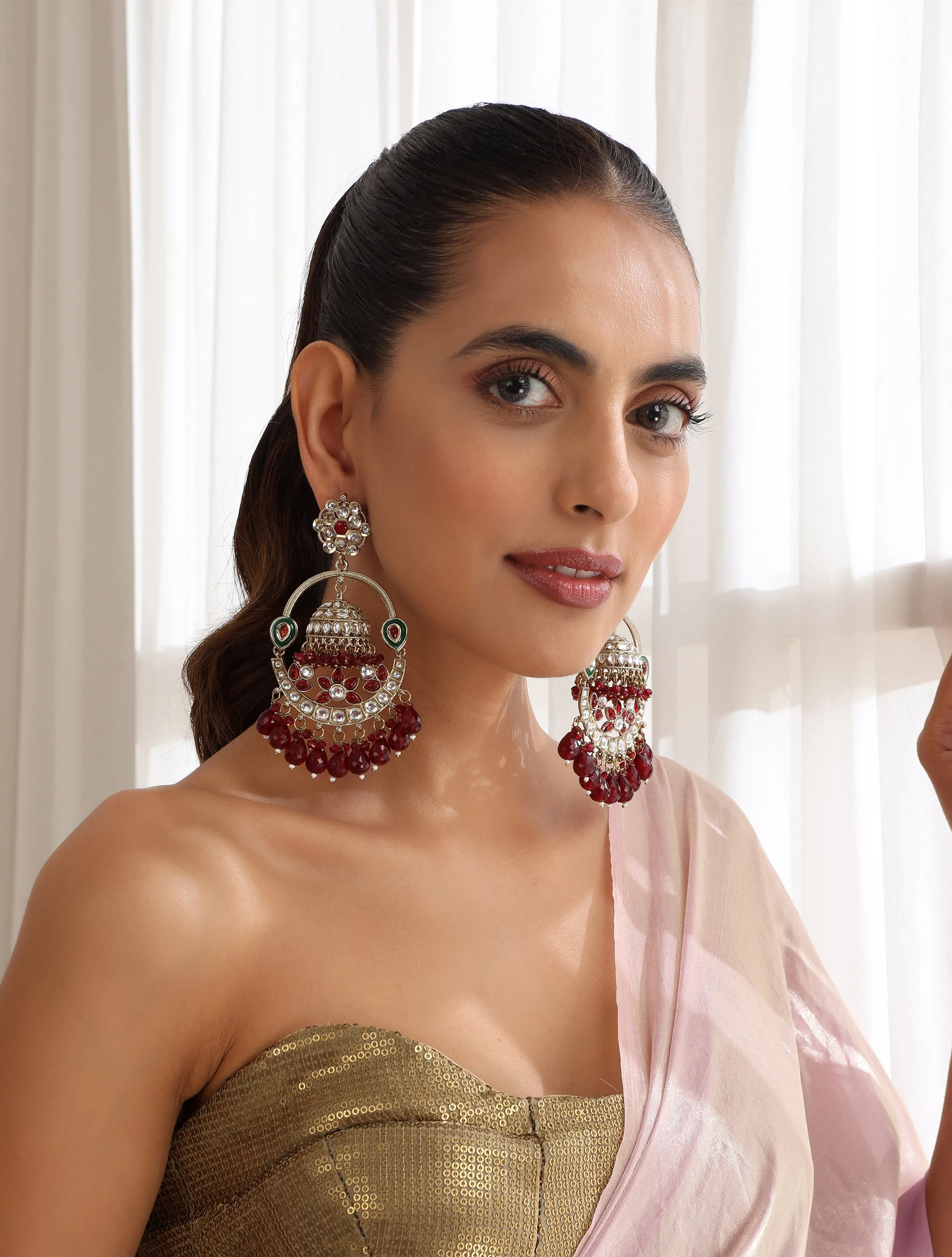 Maroon Color Round Kundan Jhumka Earrings