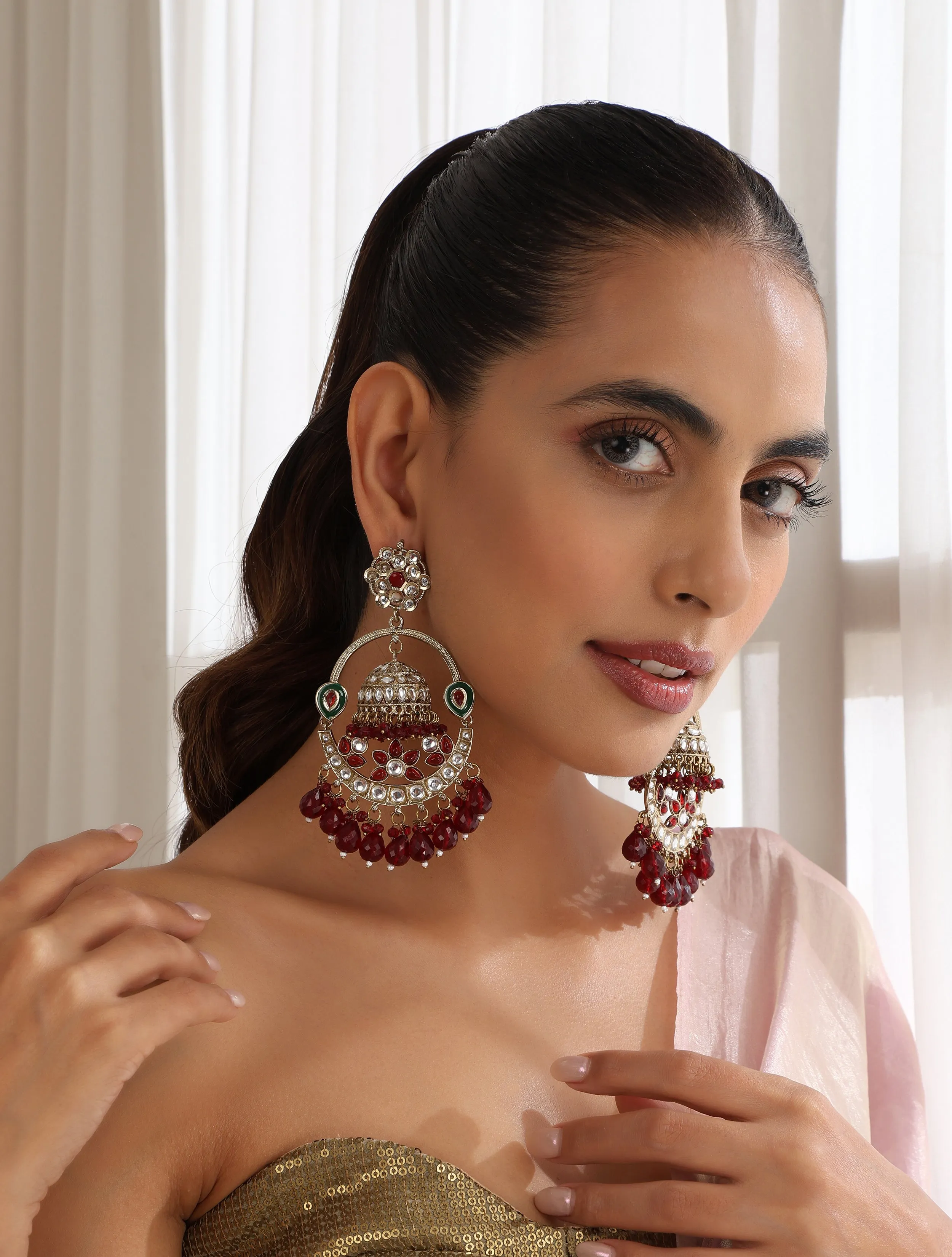 Maroon Color Round Kundan Jhumka Earrings