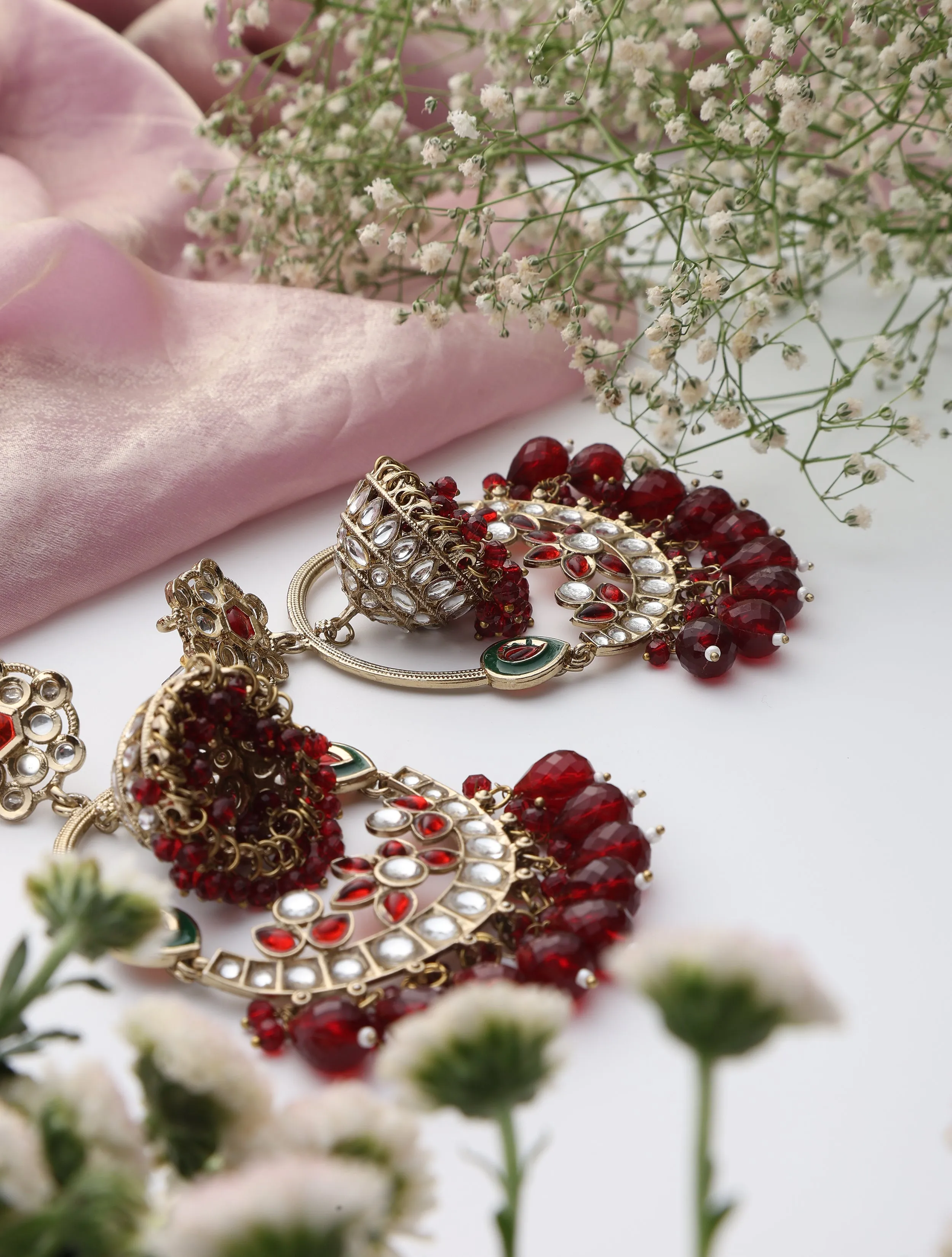 Maroon Color Round Kundan Jhumka Earrings