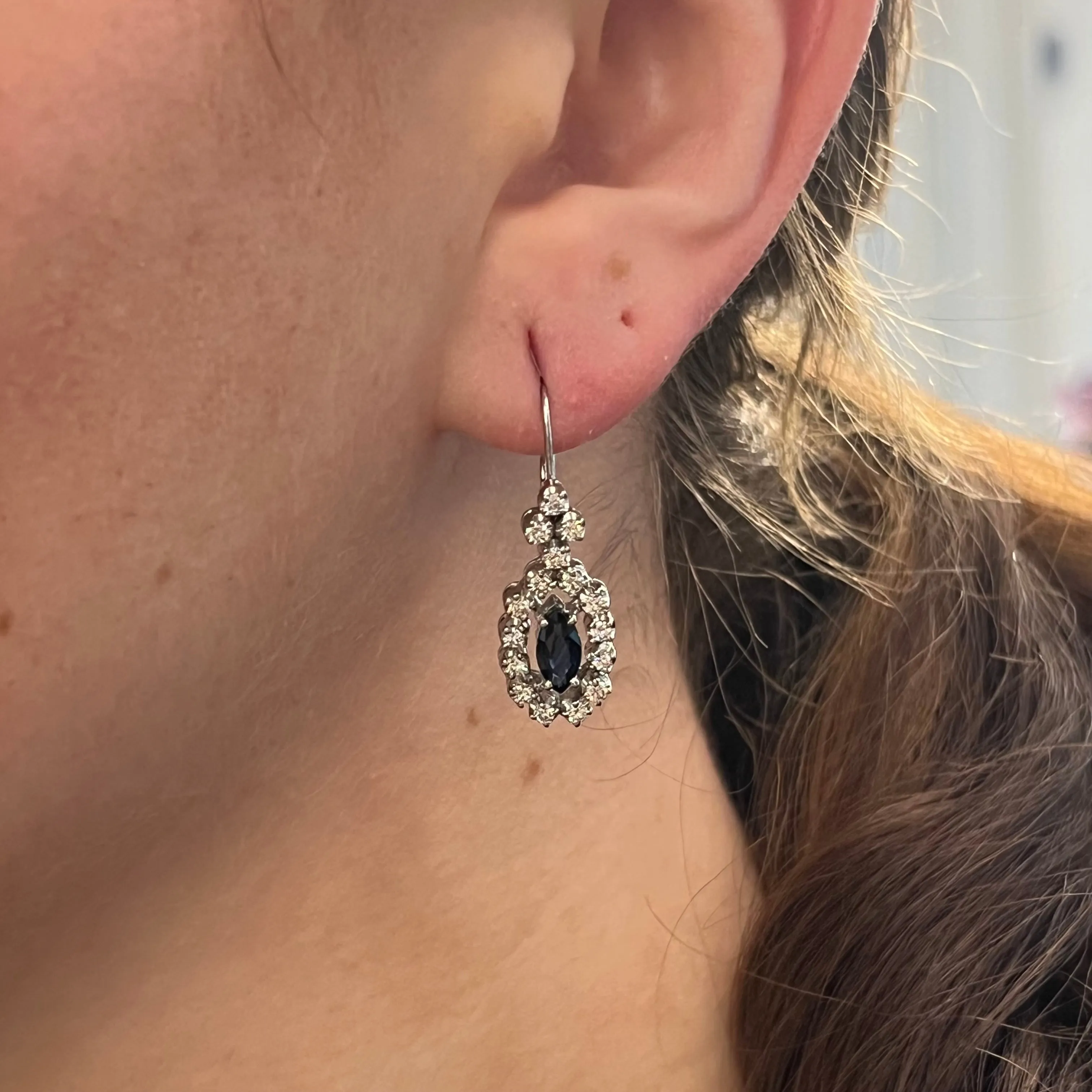 Marquise Sapphire & Diamond Cluster Earrings in 14k White Gold