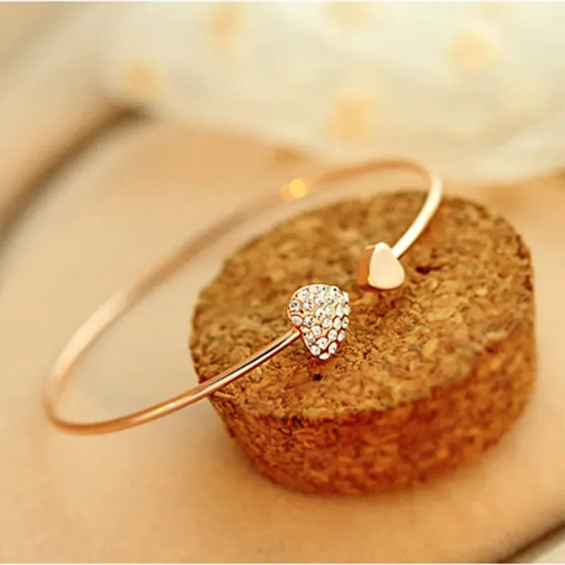 Modern Adjustable Crystal Double Heart Bow Bangle Cuff Bracelet for Women Wonderful Fashion Jewelry Accessories