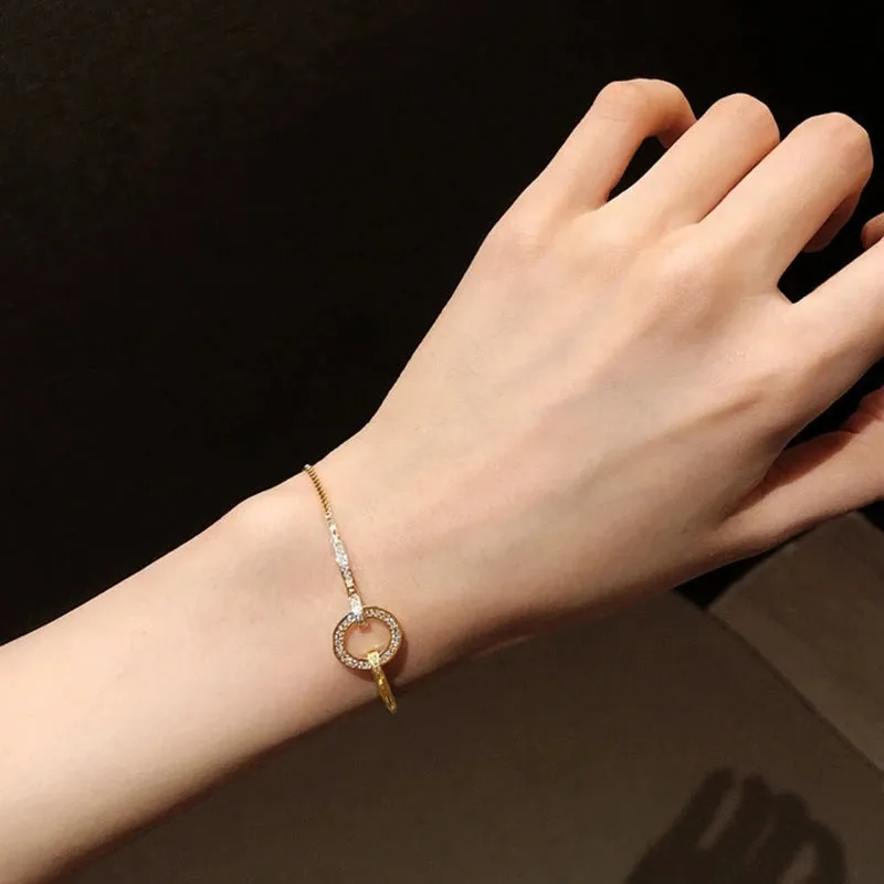 Modern Luxury Crystal Union Circle 925 Sterling Silver Gold Plated Bracelets for Women Adjustable Geometric Snake Chain Jewelry Accessories