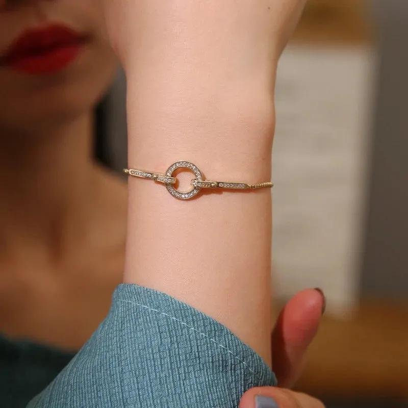 Modern Luxury Crystal Union Circle 925 Sterling Silver Gold Plated Bracelets for Women Adjustable Geometric Snake Chain Jewelry Accessories